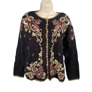 Vintage Cardigan Sweater Womens Large Embroidered Beaded Dark Cottage‎ 90s Artsy